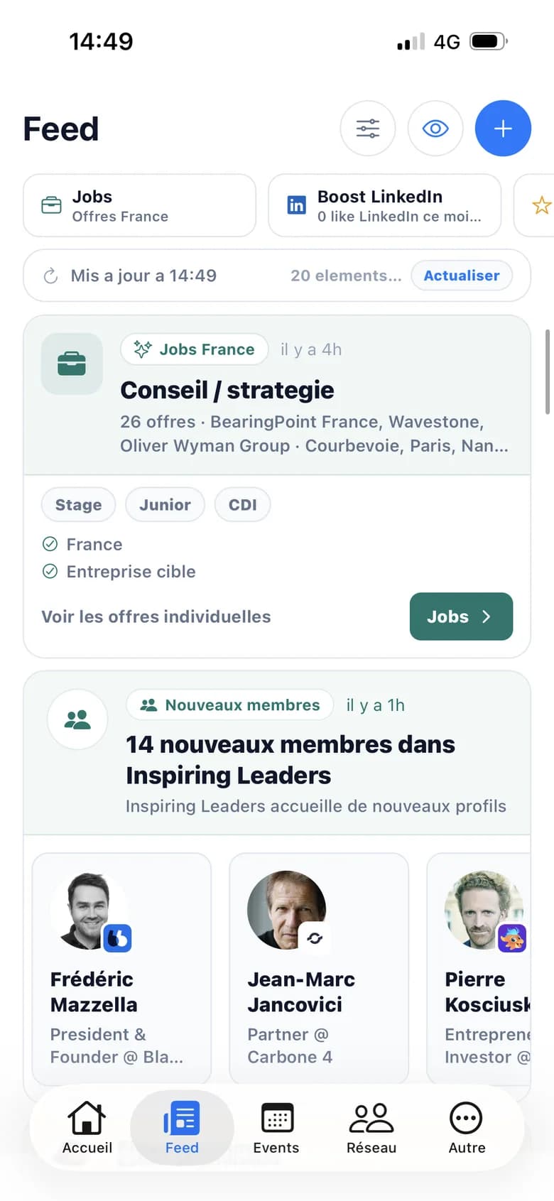 Le feed dans l'app : digest d'offres et nouveaux membres