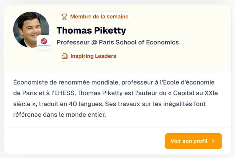 Carte « Membre de la semaine » : Thomas Piketty, professeur à la Paris School of Economics, mis à l'honneur dans Inspiring Leaders